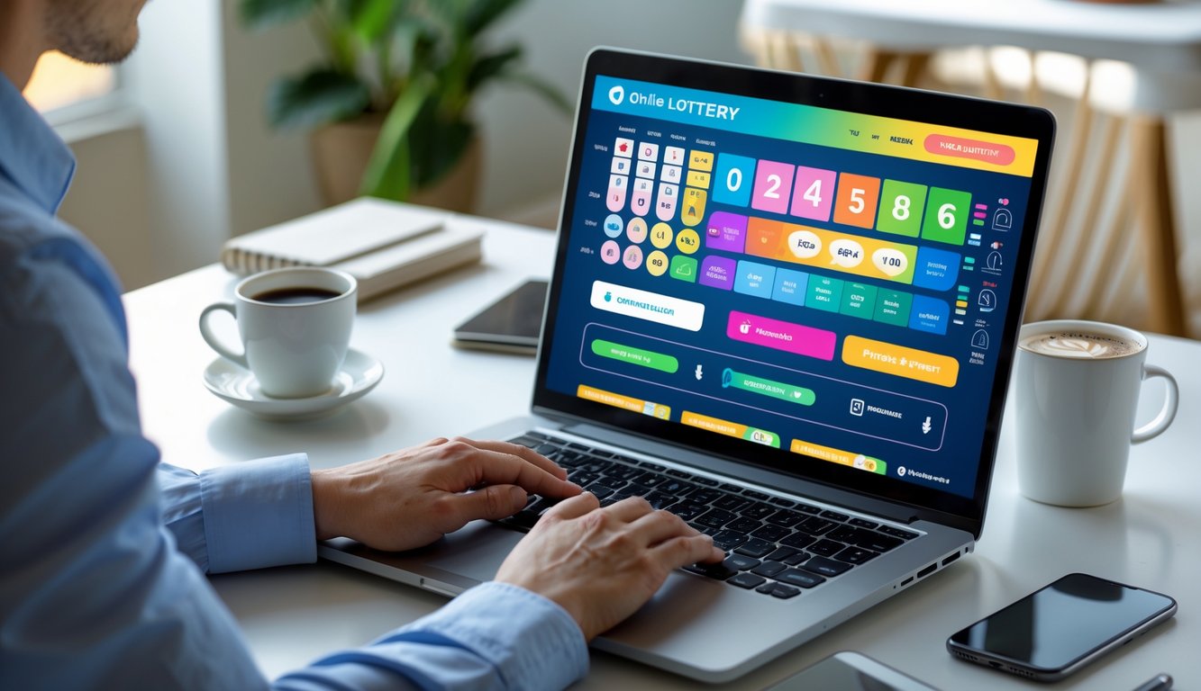 Seseorang menggunakan laptop di meja kerja dengan tampilan situs lotere online yang modern dan terpercaya.