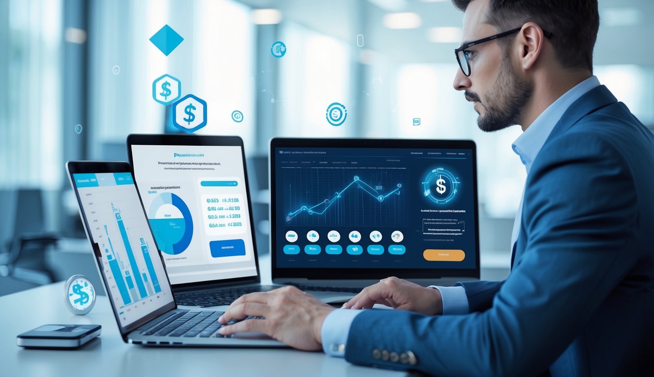 Seorang profesional duduk di meja modern dengan laptop dan ponsel, melihat data dan transaksi online dalam suasana kantor yang terang.