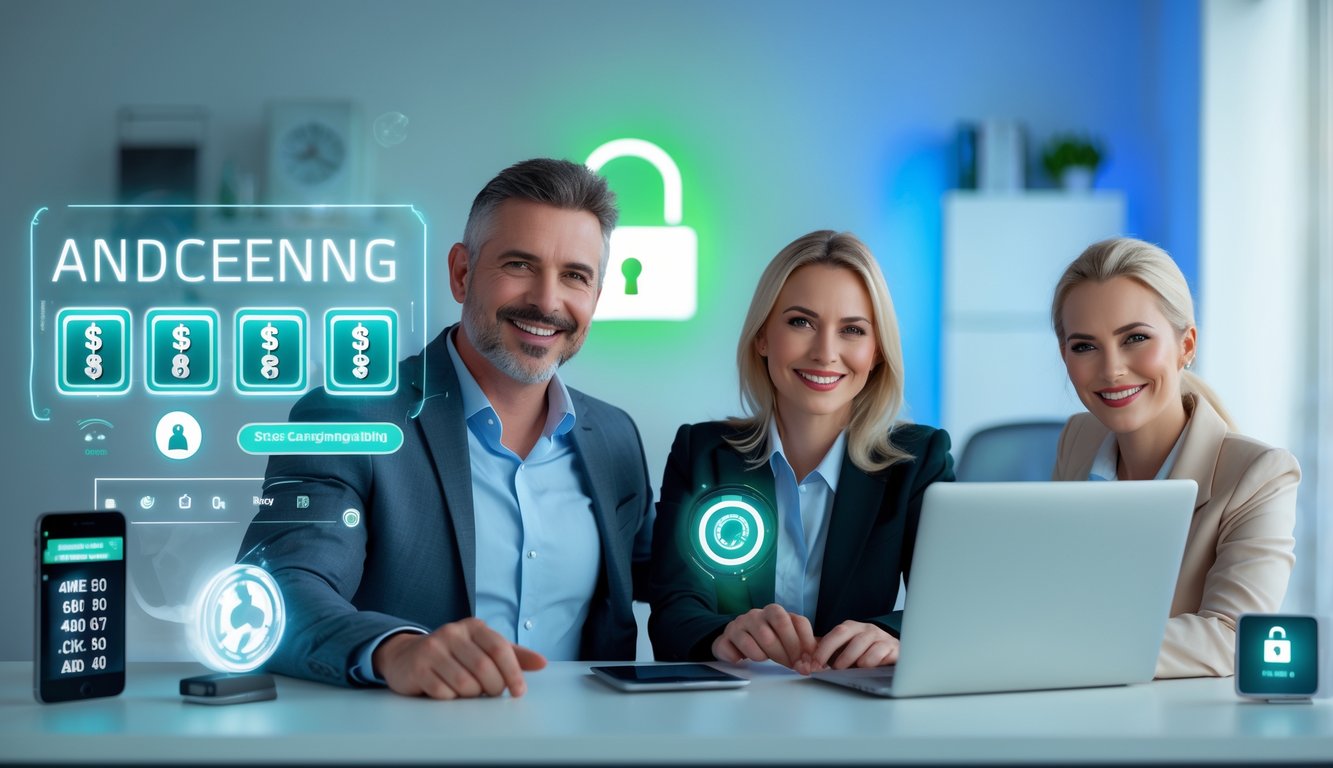 Dua orang dewasa duduk di meja dengan perangkat digital, menunjukkan suasana taruhan togel online yang aman dan terpercaya.