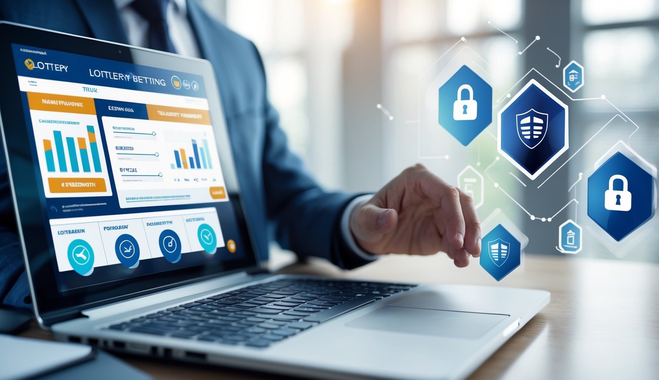 Seseorang menggunakan laptop di meja kerja yang bersih dengan simbol keamanan digital di latar belakang.