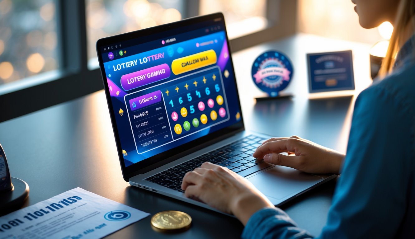 Seseorang menggunakan laptop di meja kerja dengan tampilan situs togel online yang berwarna-warni, di ruang kerja yang rapi dan terang.