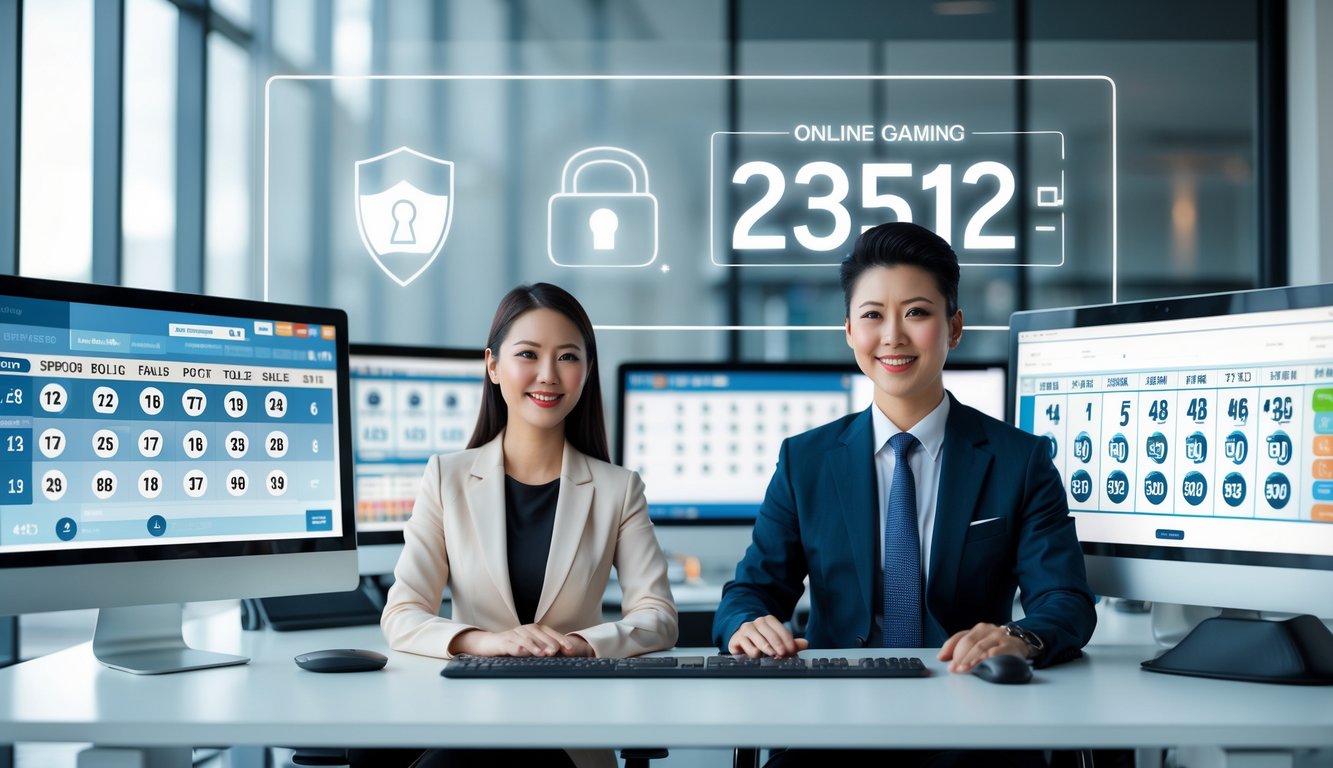 Seorang pria dan wanita Asia duduk di meja kantor dengan beberapa layar komputer yang menampilkan angka lotere dan grafik digital.