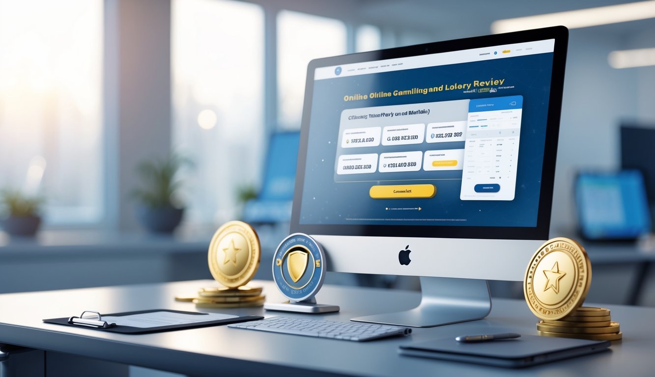 Meja kerja modern dengan komputer menampilkan situs web terkait lotere online, dilengkapi dengan simbol keamanan dan kepercayaan di sekitarnya.