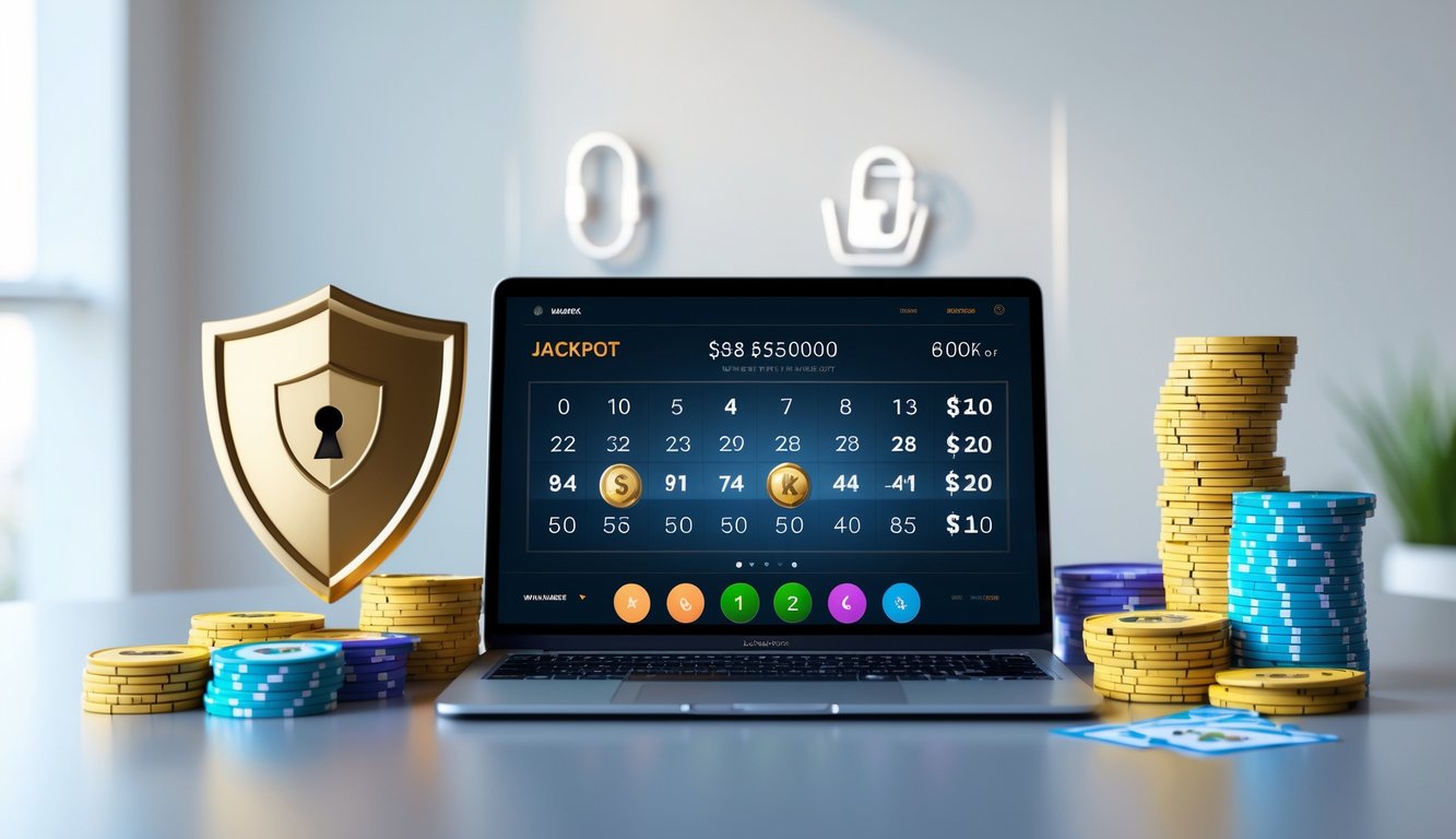 Sebuah meja kerja dengan laptop yang menampilkan antarmuka lotere digital, dikelilingi oleh simbol keamanan dan tiket lotere.