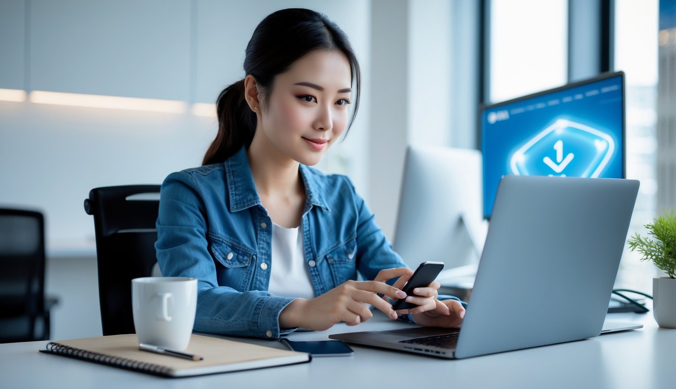 Seorang wanita muda duduk di meja kantor dengan laptop dan ponsel, fokus bekerja dalam suasana yang rapi dan terang.