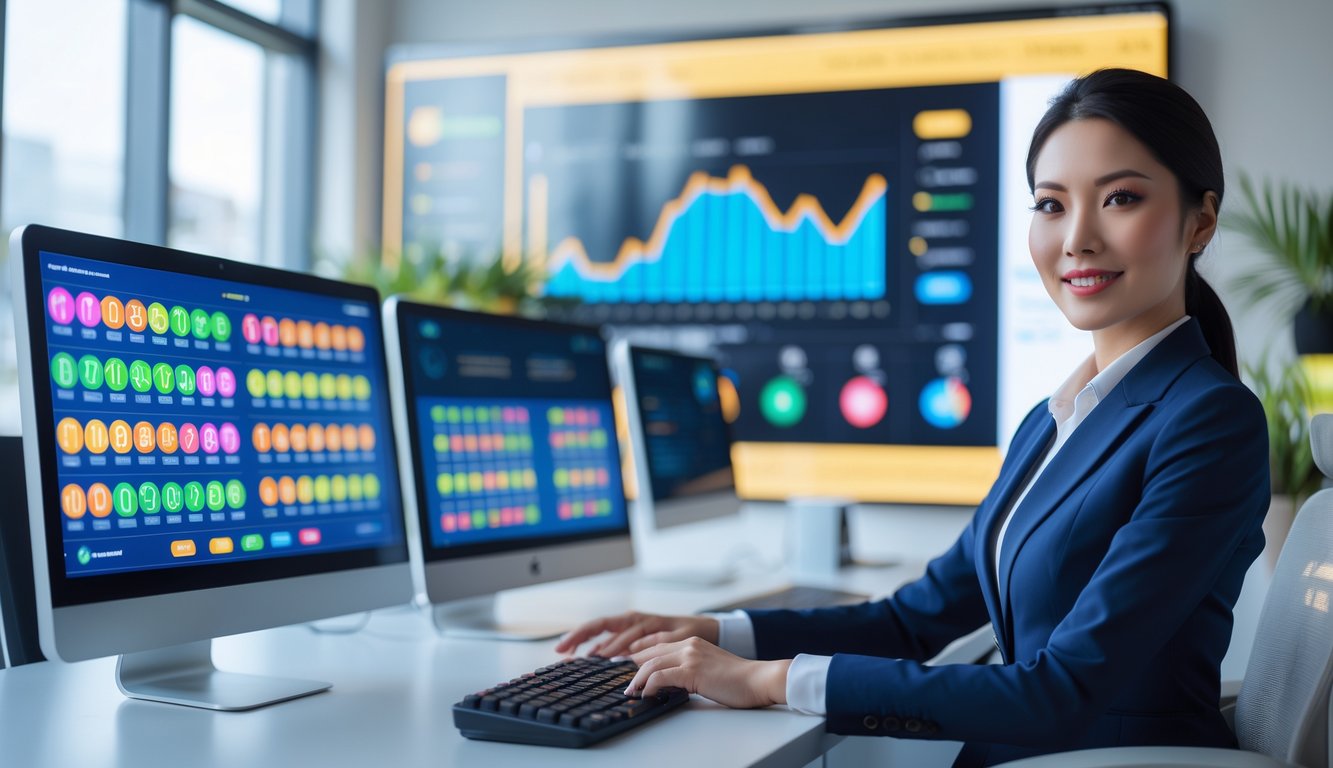 Seorang wanita profesional duduk di meja kantor dengan beberapa monitor komputer menampilkan angka lotere dan grafik digital, di ruangan kantor modern yang terang dan rapi.