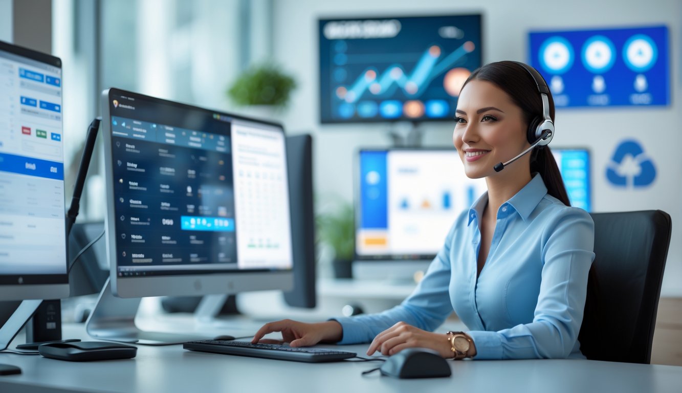 Seorang petugas layanan pelanggan yang ramah duduk di meja kantor dengan beberapa layar komputer, menunjukkan suasana kerja profesional di layanan togel online terpercaya.