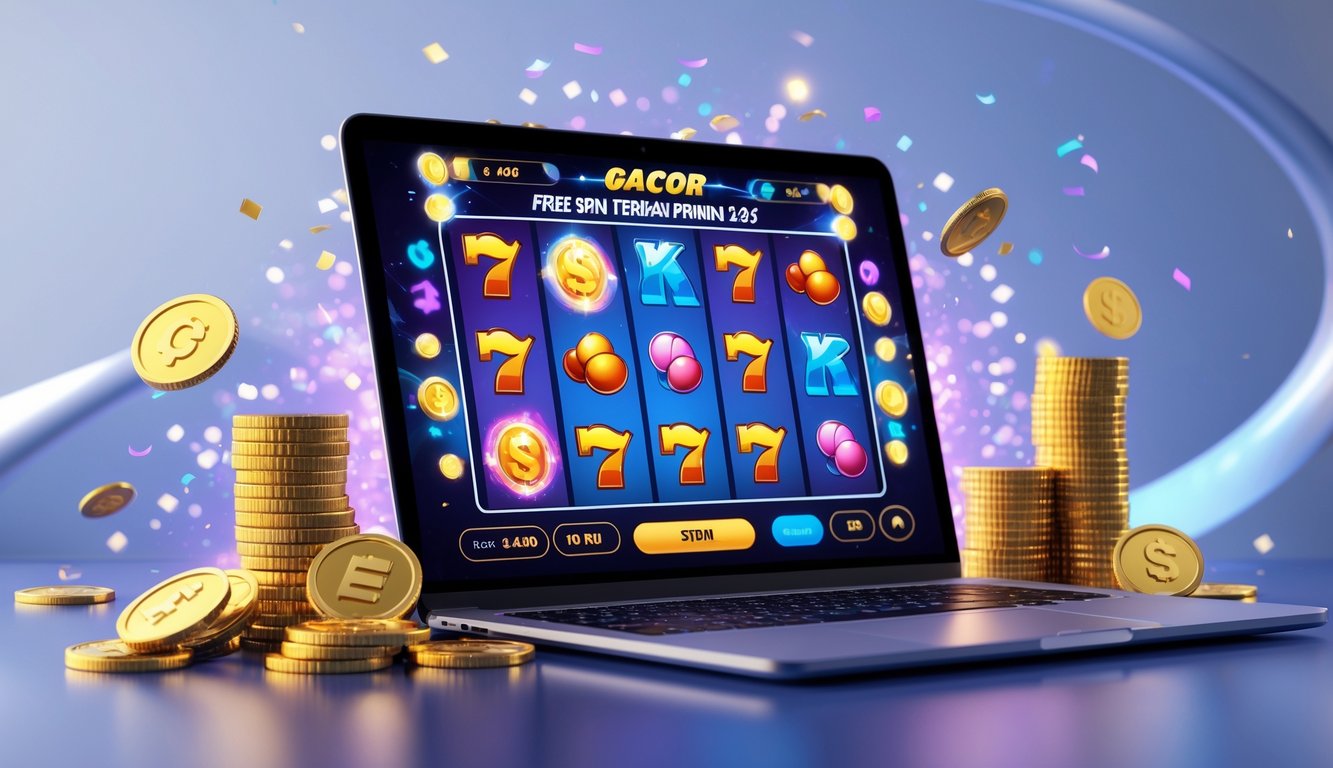 Seorang pemain menggunakan komputer dengan layar menampilkan permainan slot online yang berwarna-warni dan simbol-simbol klasik, dikelilingi oleh koin bersinar dan efek cahaya digital.