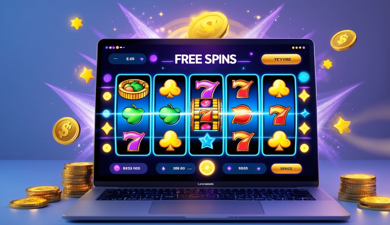 Layar komputer menampilkan permainan slot online dengan gulungan berwarna-warni dan koin emas berkilauan di sekitarnya.