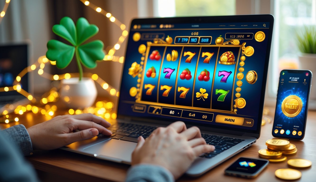 Seseorang bermain mesin slot online di laptop dengan layar menampilkan gulungan berwarna-warni, di meja terdapat ponsel yang juga menampilkan aplikasi kasino dan tanaman semanggi berdaun empat.