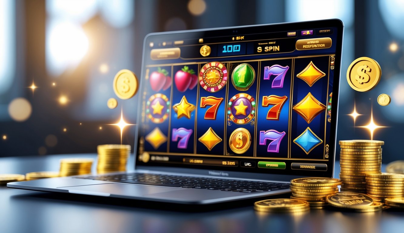 Seorang pria menggunakan laptop dengan tampilan permainan slot online yang berwarna-warni dan simbol kemenangan di sekitarnya.