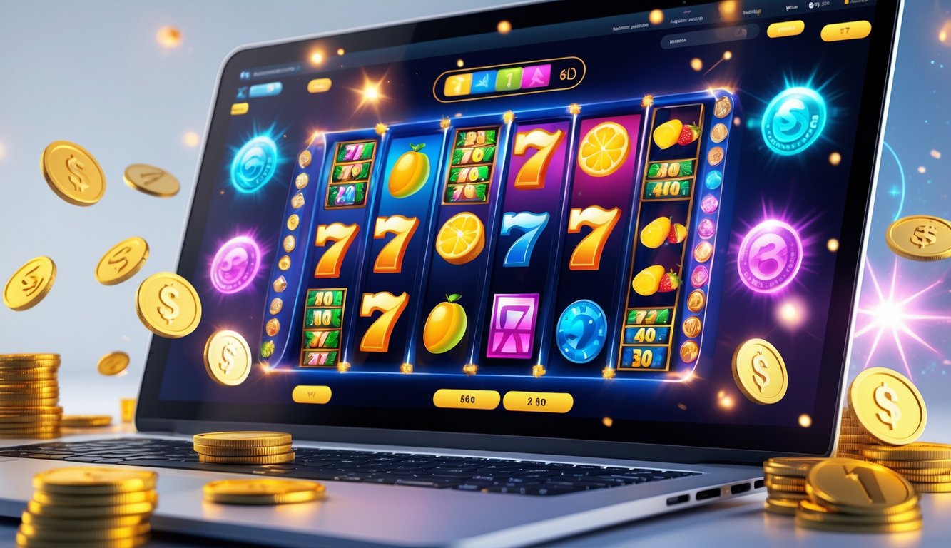 Sebuah layar komputer menampilkan permainan slot online dengan koin emas dan efek cahaya di sekitarnya.