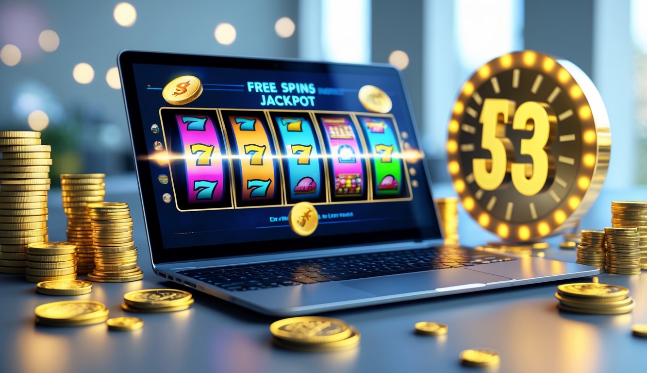 Layar laptop menampilkan mesin slot online dengan gulungan berputar dan tumpukan koin emas di sekitarnya.