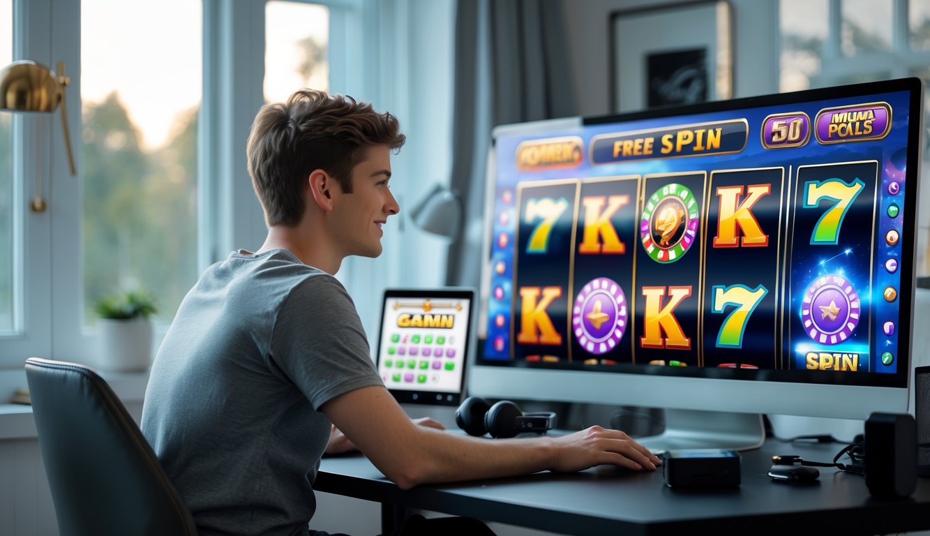 Seorang dewasa muda duduk di meja kerja dengan komputer yang menampilkan permainan slot online dengan simbol putaran gratis.