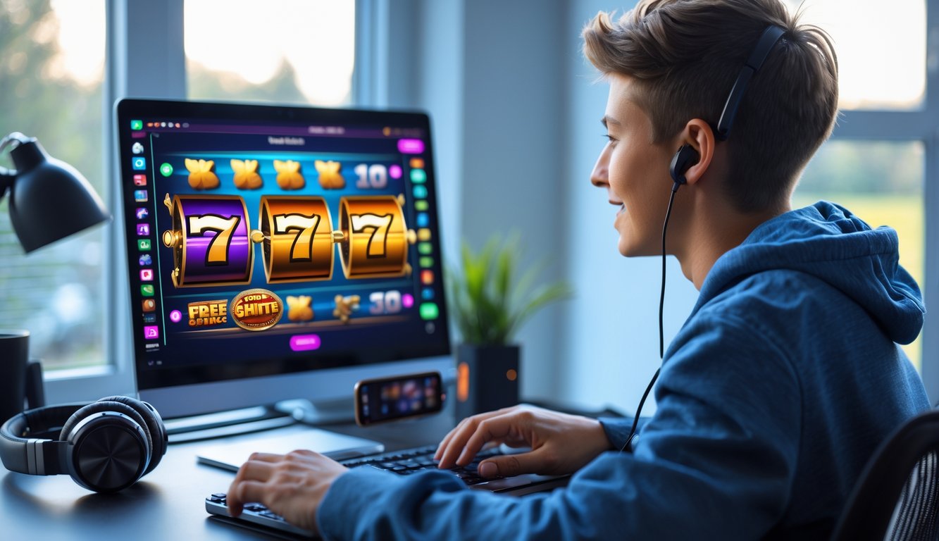 Seorang dewasa muda duduk di meja kerja menggunakan laptop dengan tampilan permainan slot online yang berwarna-warni.