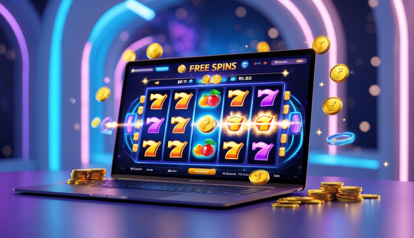 Layar komputer menampilkan mesin slot online dengan simbol berwarna-warni dan efek cahaya yang menggambarkan putaran gratis dalam suasana ruang permainan futuristik.