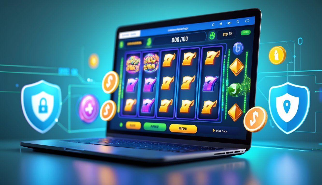 Seorang pengguna sedang bermain mesin slot online di komputer dengan latar belakang yang menunjukkan simbol keamanan dan kepercayaan.