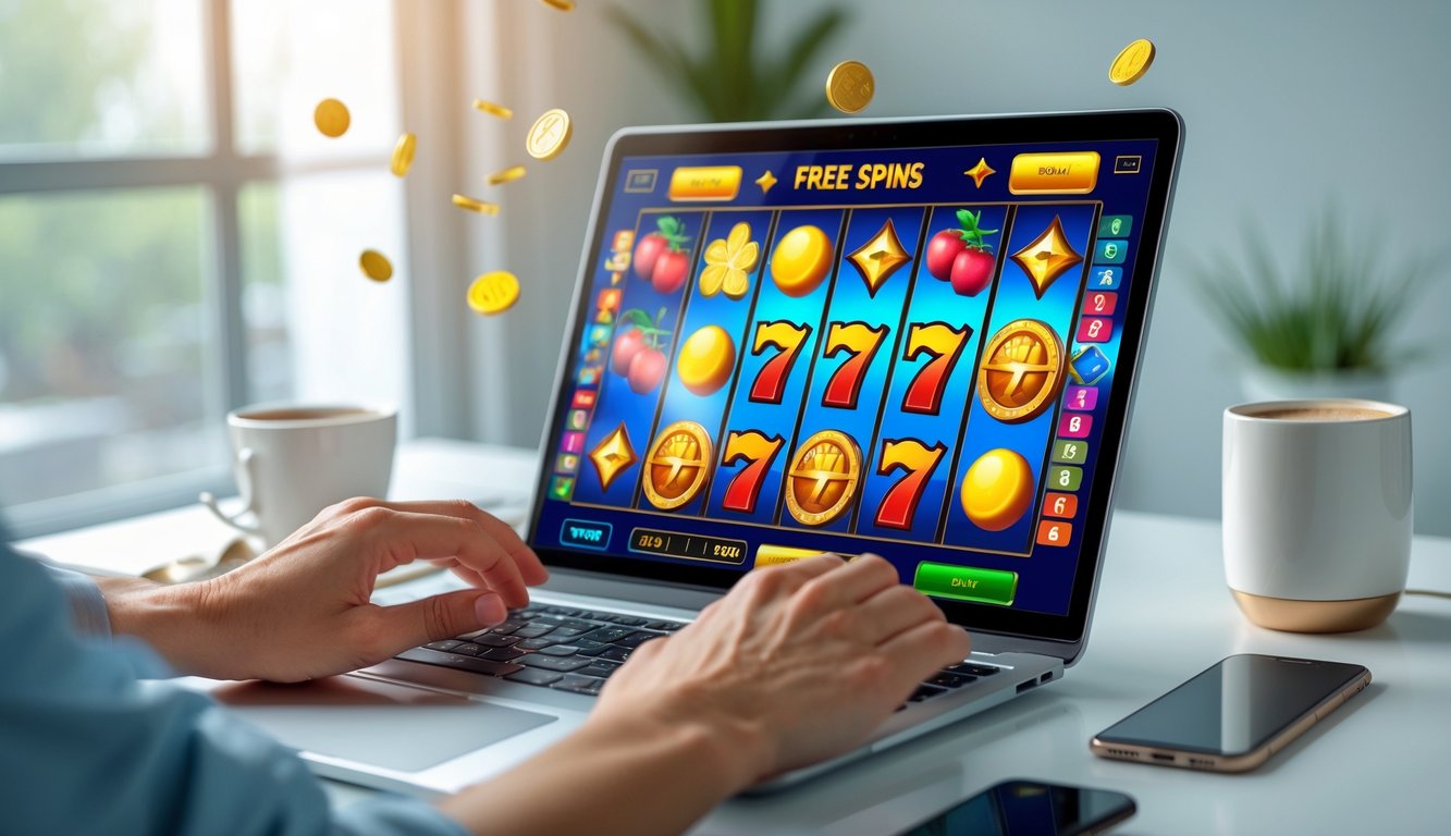 Seseorang bermain mesin slot online di laptop dengan ekspresi senang di sebuah ruangan terang dan rapi.