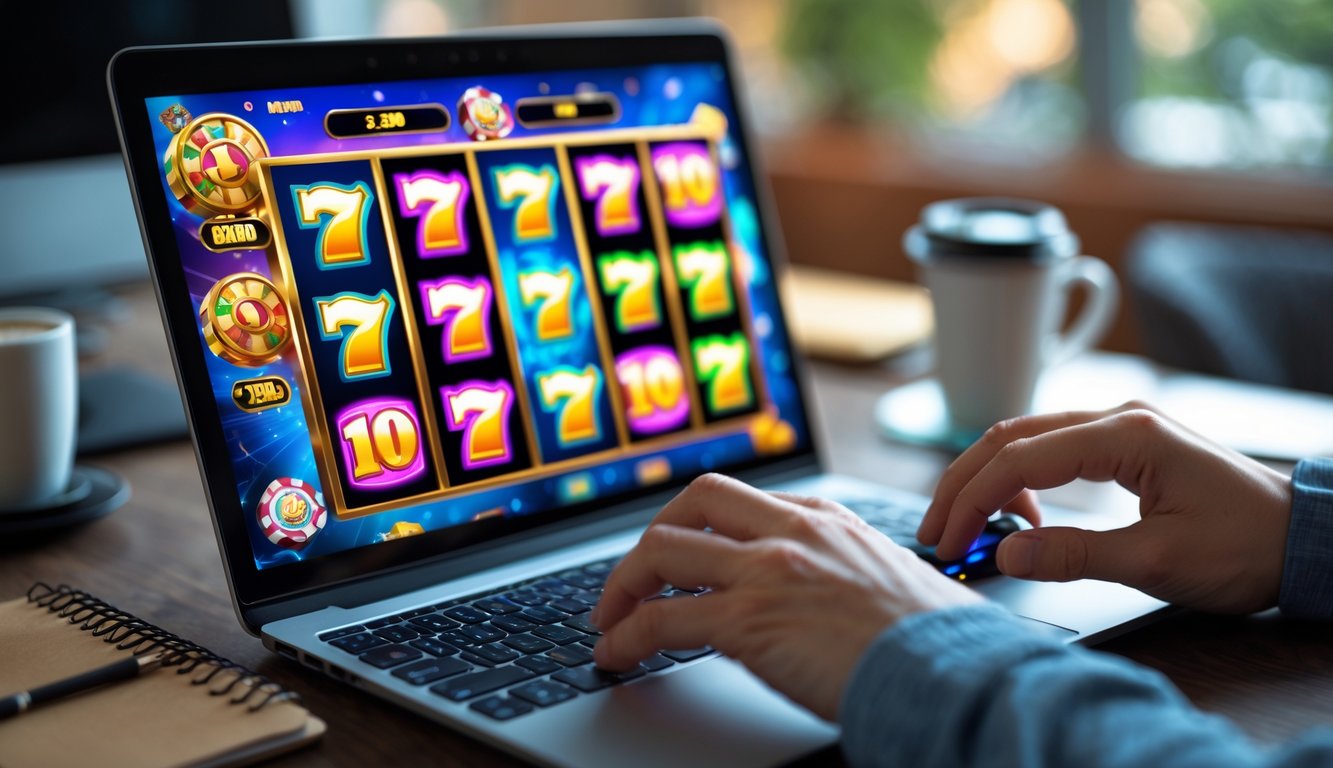 Seseorang menggunakan komputer dengan permainan slot online yang menampilkan gulungan berwarna-warni di layar.