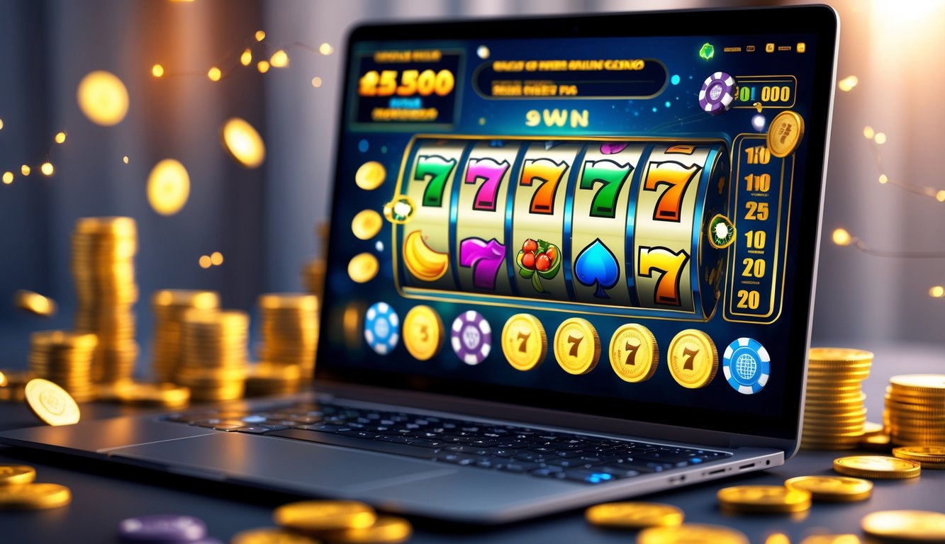Sebuah komputer menampilkan permainan mesin slot online dengan koin emas dan chip poker di sekitarnya.