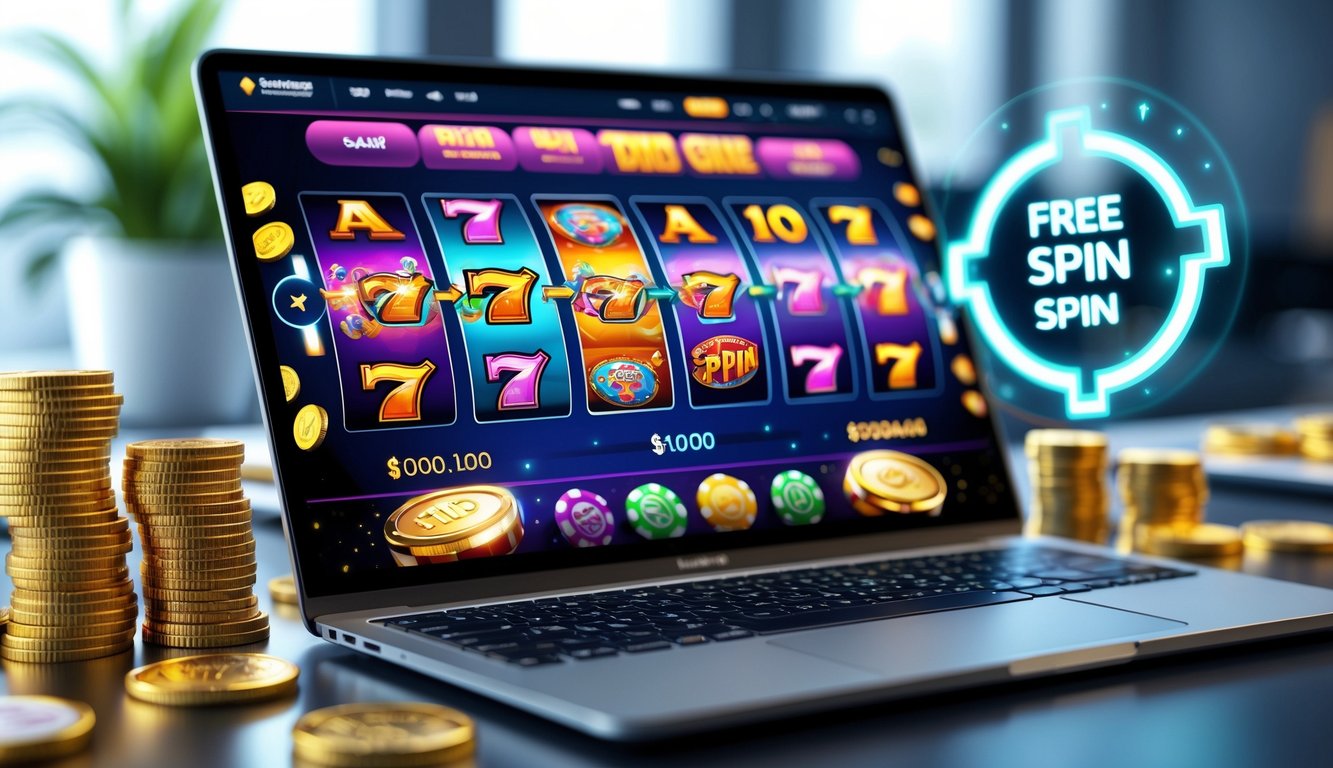 Seorang pengguna sedang bermain mesin slot online di laptop dengan koin emas dan chip kasino di sekitarnya.