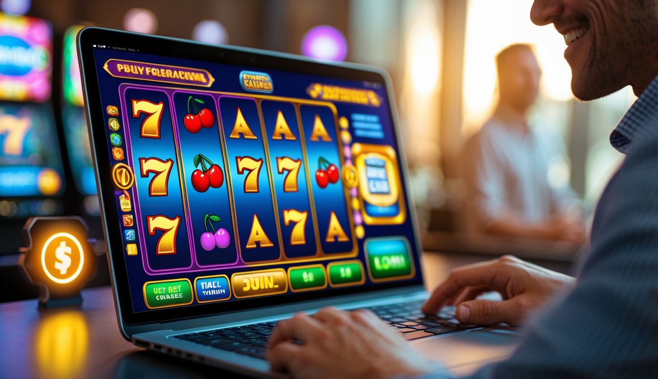 Orang sedang bermain permainan slot online di laptop dengan tampilan mesin slot berwarna cerah dan suasana yang hangat.