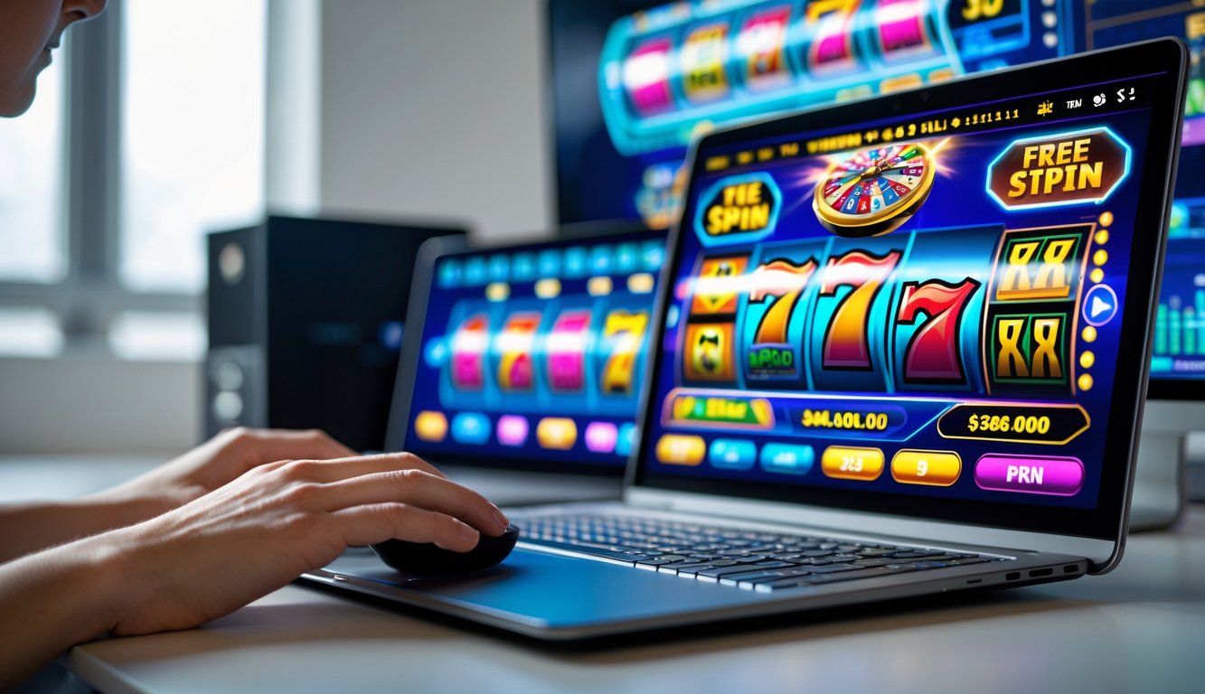 Seseorang sedang bermain mesin slot online di komputer dengan layar menampilkan permainan slot berwarna-warni dan fitur putaran gratis.