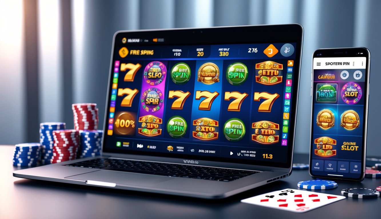 Seorang pria menggunakan laptop dengan tampilan permainan slot online berwarna-warni, dikelilingi oleh chip poker dan kartu remi di atas meja.