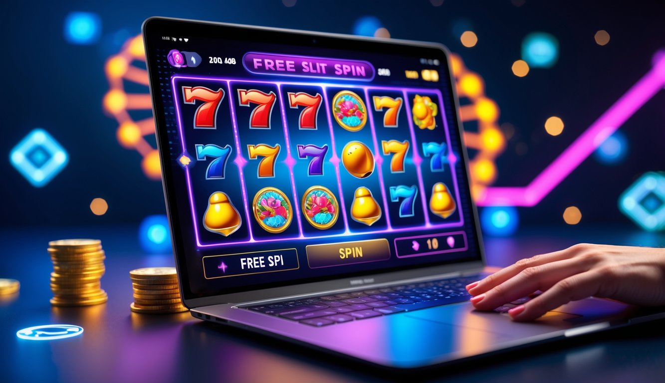 Tampilan layar laptop dengan permainan slot online berwarna-warni dan tangan yang siap menekan tombol spin.