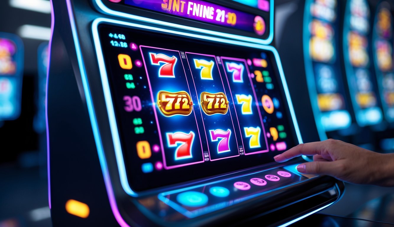 Layar mesin slot online dengan gulungan berwarna cerah dan tangan pemain yang menyentuh layar sentuh.