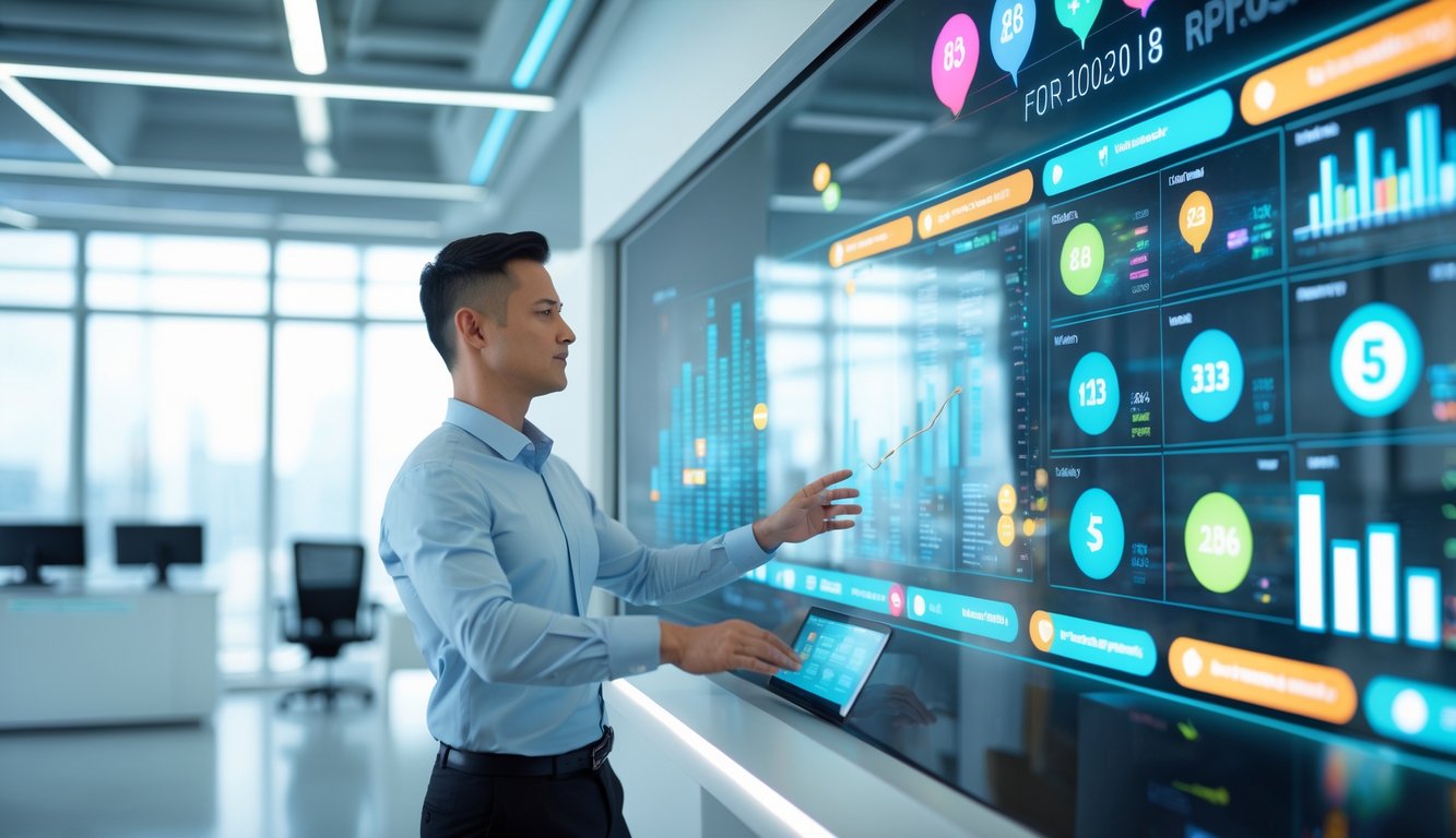Seorang profesional menggunakan layar digital besar di kantor modern yang menampilkan grafik dan data pasar togel online.