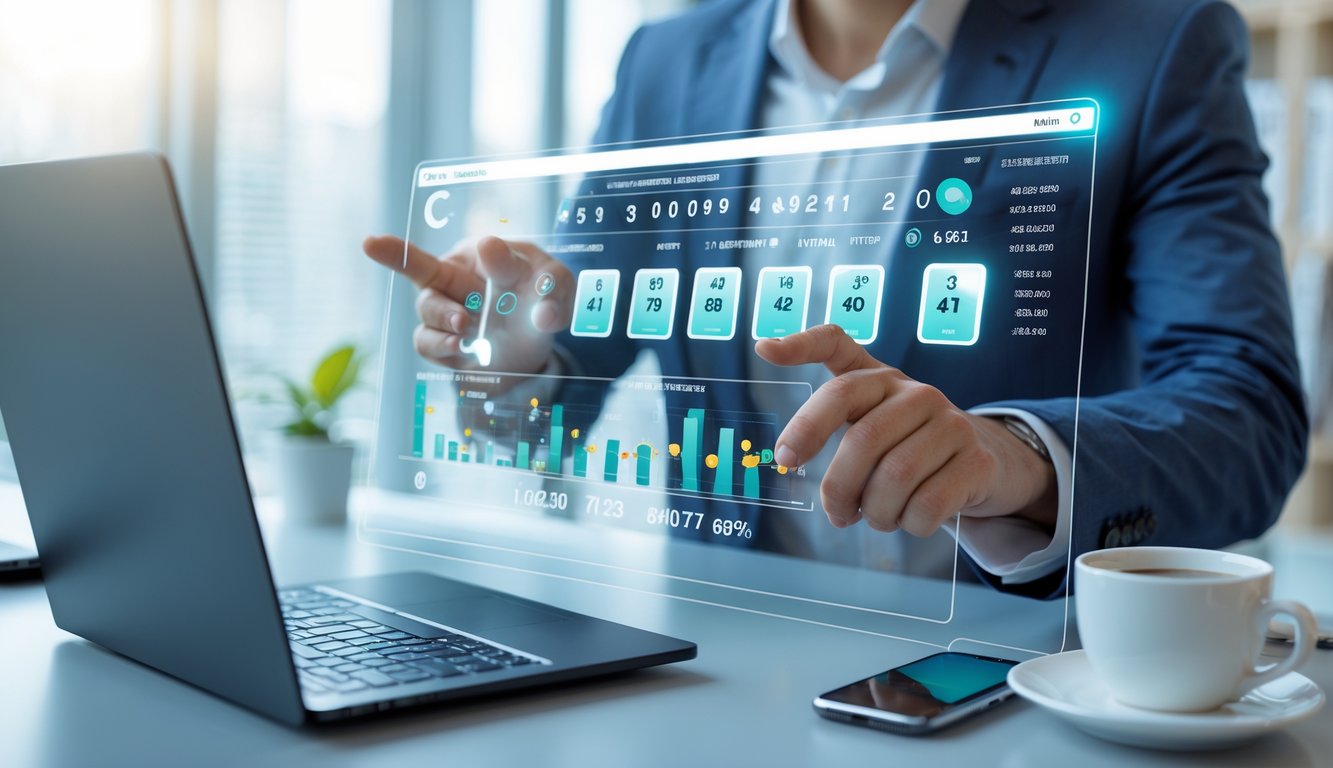 Seseorang menggunakan layar sentuh futuristik dengan tampilan angka dan grafik togel online di lingkungan kantor yang terang dan rapi.