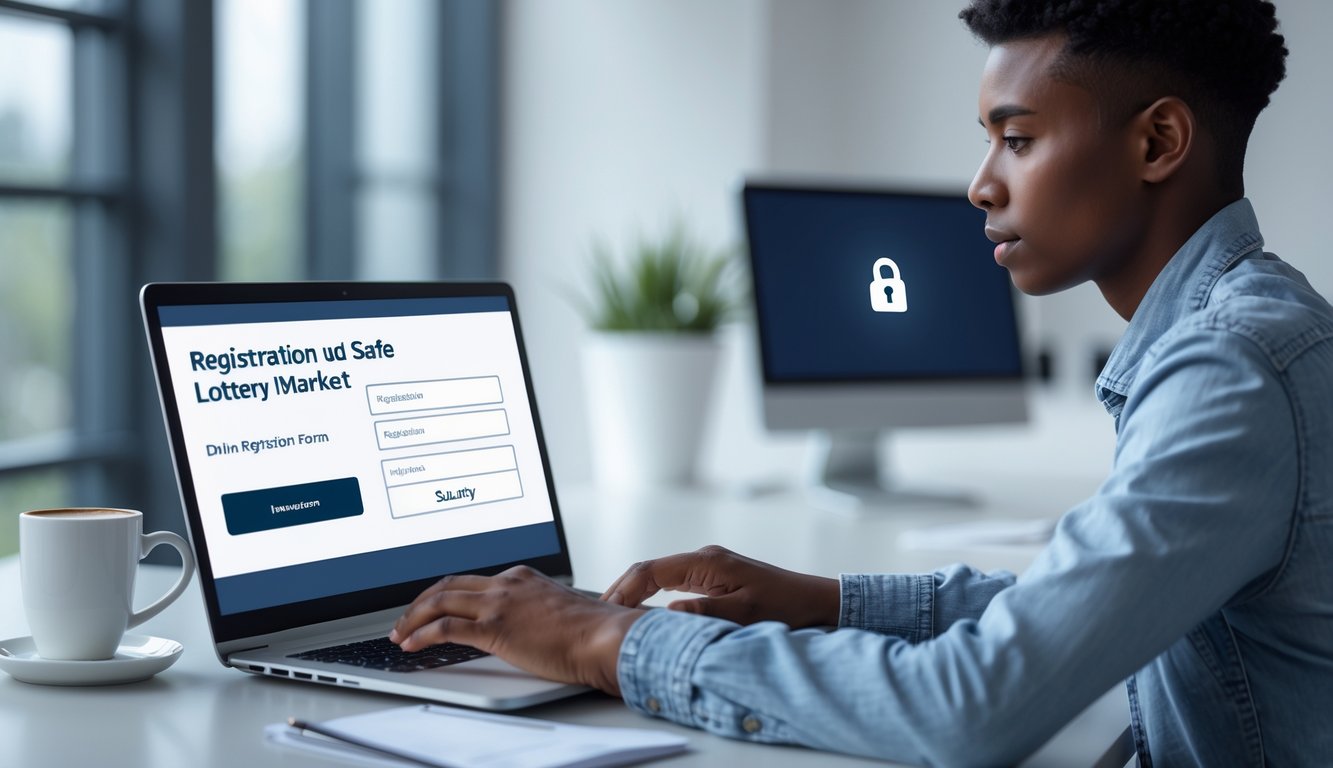 Seorang dewasa muda sedang menggunakan laptop di kantor modern untuk mendaftar secara online dengan latar belakang yang menunjukkan simbol keamanan.