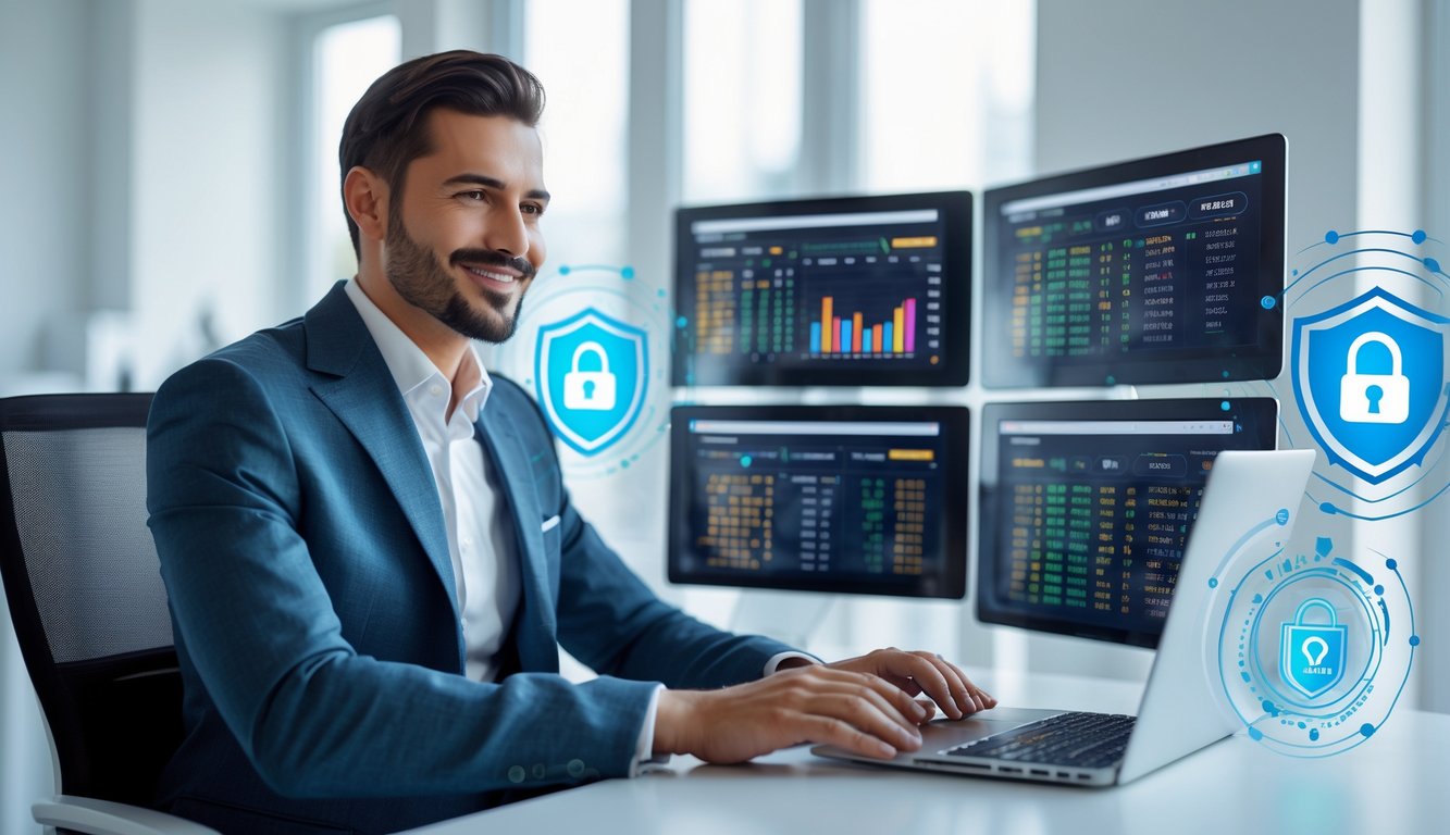 Seorang pria percaya diri duduk di meja modern dengan laptop dan beberapa layar yang menampilkan data terkait togel online, di ruang kantor yang terang dan bersih.