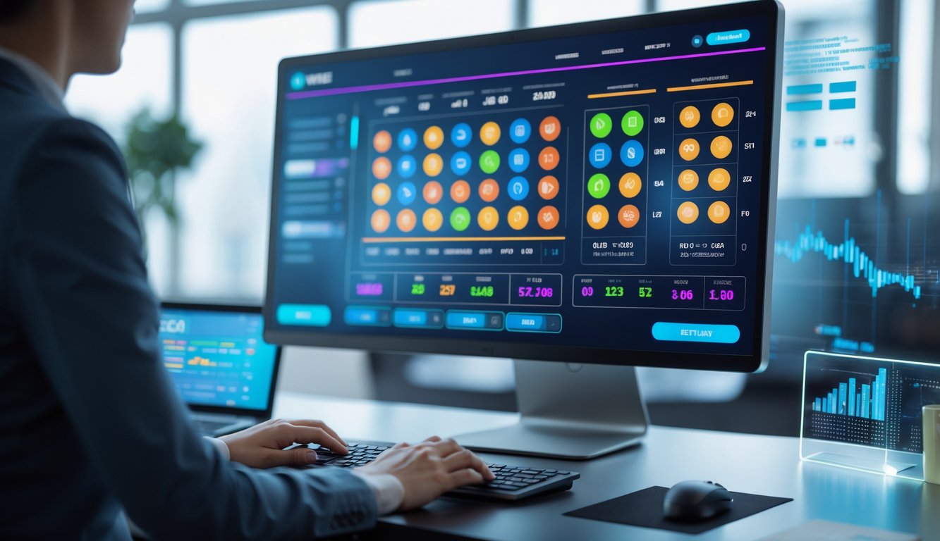 Seorang pengguna sedang bermain togel online di depan komputer dengan tampilan antarmuka pasar togel lengkap dan grafik digital di layar.