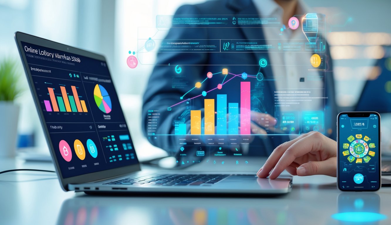 Sebuah ruang kerja modern dengan laptop dan ponsel yang menampilkan data dan aplikasi togel online, dengan tangan seseorang yang sedang menggunakan laptop.
