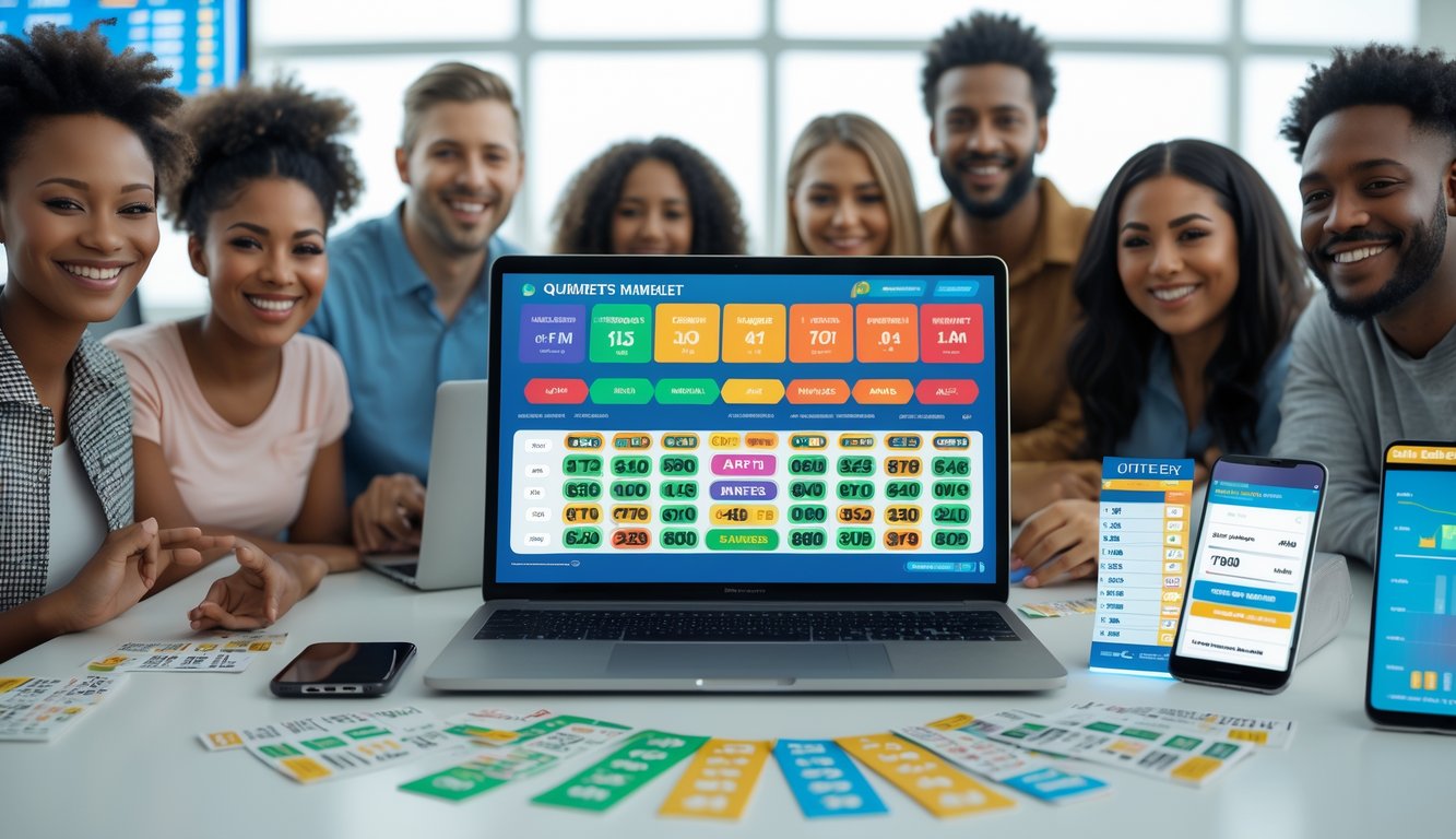 Orang-orang yang tersenyum di sekitar laptop dengan layar menampilkan antarmuka togel online dan berbagai pilihan pasar, di meja terdapat tiket togel dan ponsel dengan opsi taruhan.