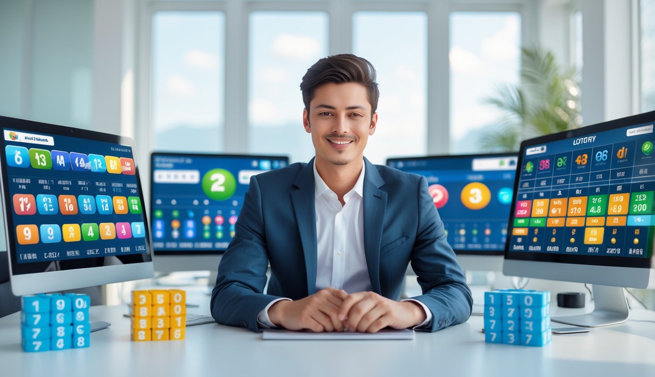 Seorang pria muda duduk di meja dengan beberapa layar komputer yang menampilkan berbagai pilihan togel online, terlihat fokus dan puas.