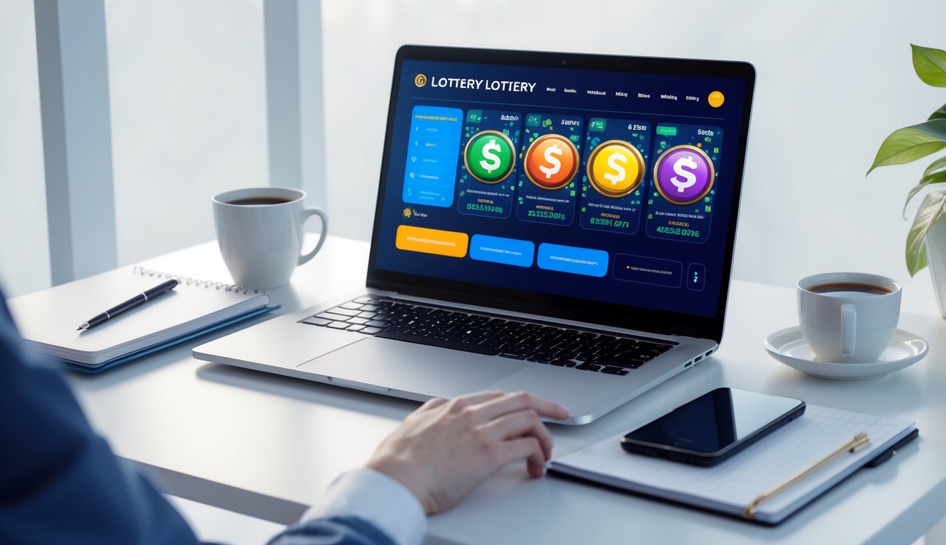 Seorang pria menggunakan laptop di meja kerja dengan tampilan situs togel online di layar, dikelilingi oleh smartphone, cangkir kopi, dan alat tulis.