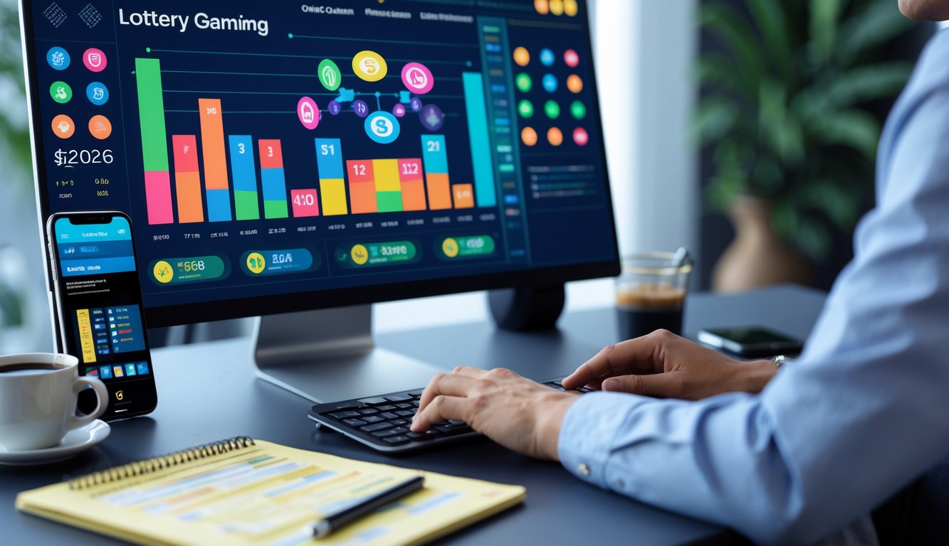 Seseorang sedang menggunakan komputer dengan tampilan grafik dan angka terkait permainan togel online.