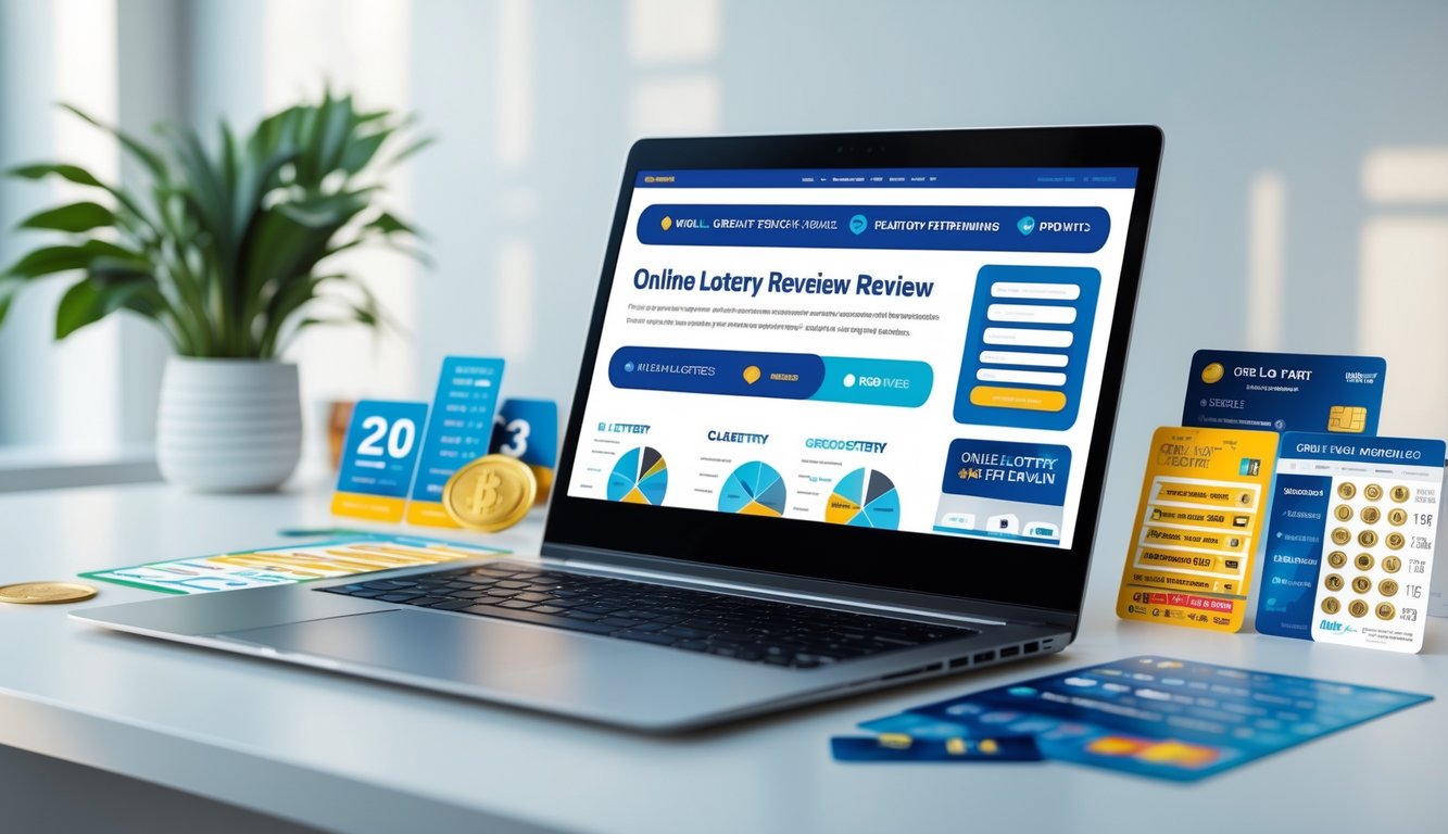 Meja kerja modern dengan laptop yang menampilkan situs web terkait togel online, tiket togel, grafik pasar, dan ikon pembayaran digital.