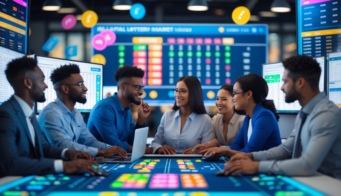 Orang-orang bekerja bersama di ruang kerja modern dengan komputer yang menampilkan data angka lotre dan grafik, menunjukkan suasana kolaborasi dan fokus.
