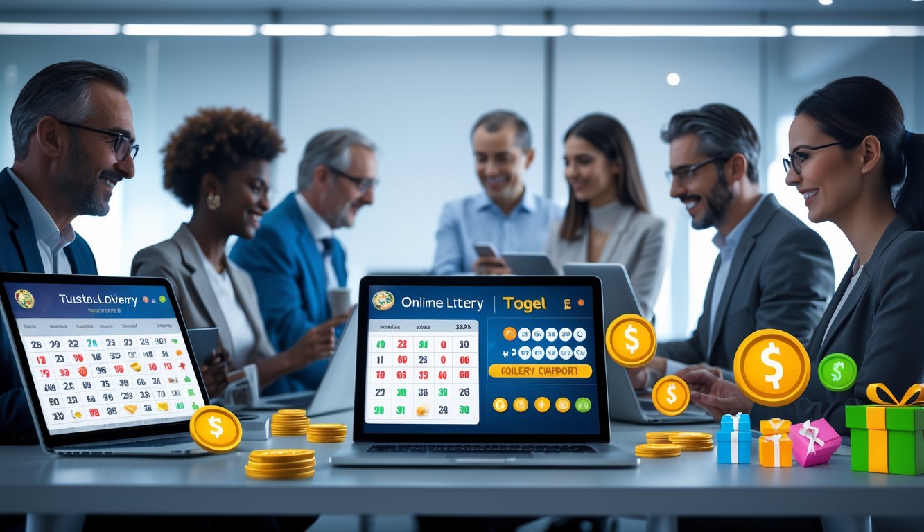 Beberapa orang menggunakan perangkat digital di lingkungan kantor modern yang menampilkan permainan togel online dengan grafik dan ikon bonus.