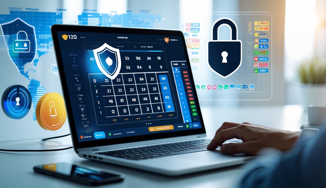 Sebuah ruang kerja modern dengan laptop yang menampilkan antarmuka lotere digital, dikelilingi ikon keamanan seperti gembok dan perisai, menggambarkan konsep situs bandar togel online yang aman dan lengkap.