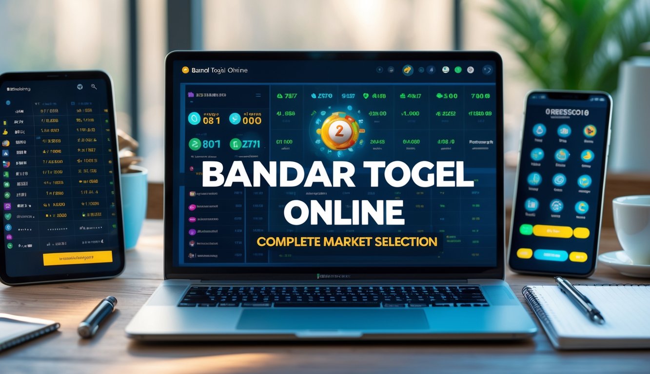 Seorang pria menggunakan laptop dan perangkat digital lain di meja kerja yang rapi, menampilkan grafik dan angka terkait pasar togel online.