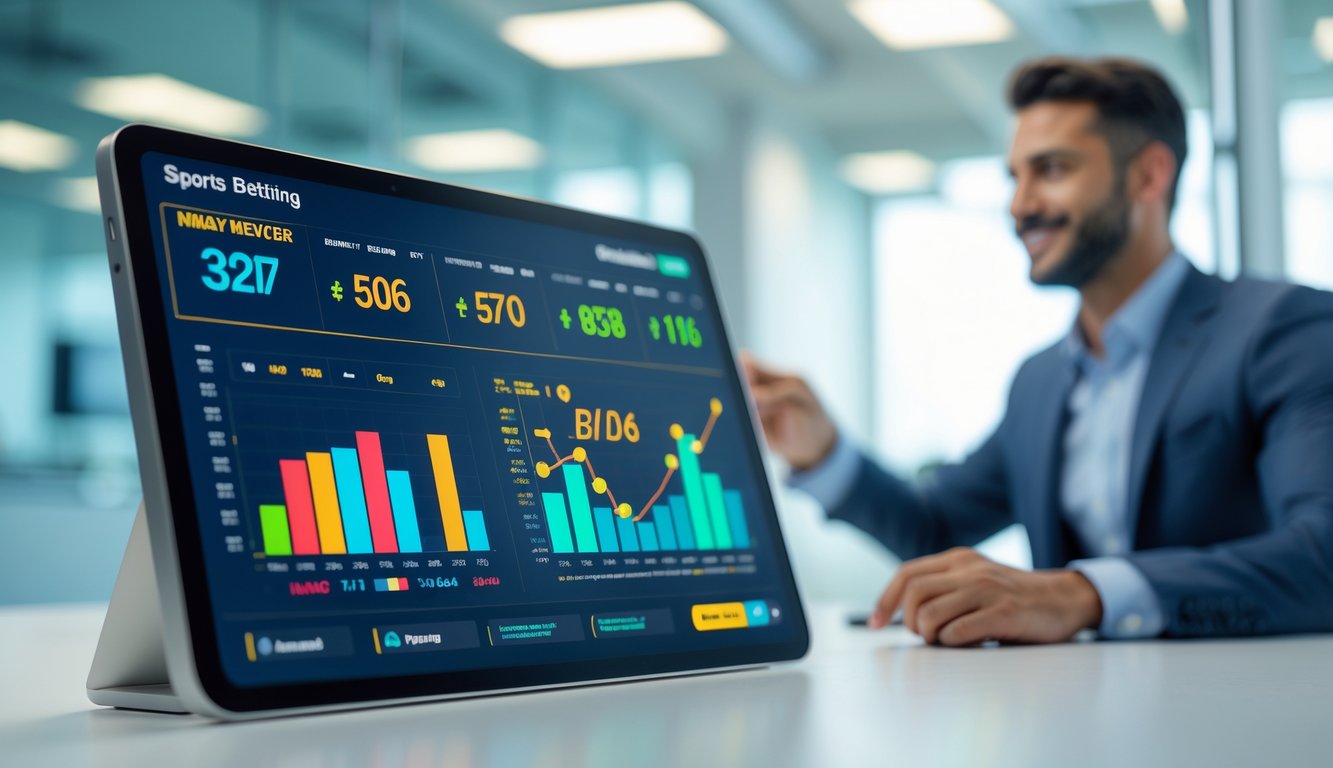 Seseorang menggunakan perangkat layar sentuh yang menampilkan grafik dan angka taruhan olahraga dengan latar kantor modern.