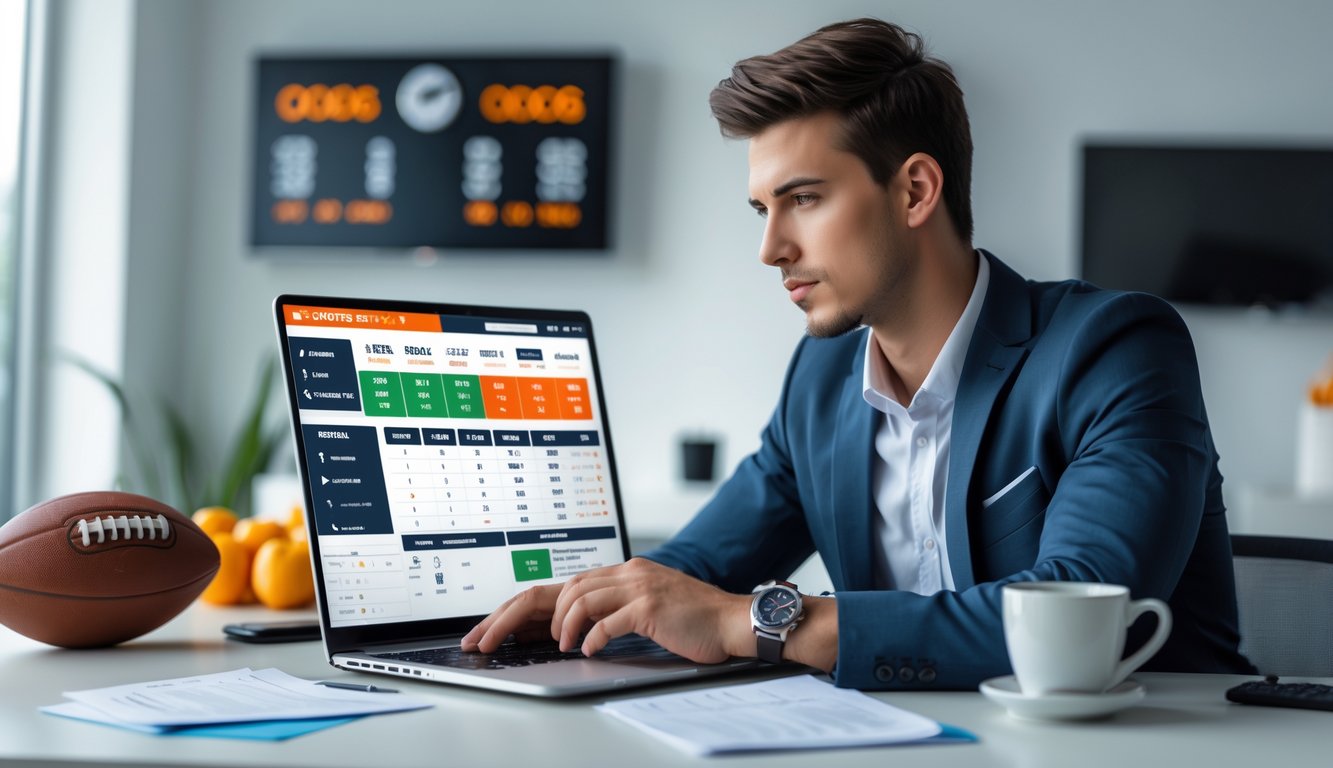 Seorang pria muda duduk di meja dengan laptop, melihat data taruhan olahraga dan statistik dengan serius.