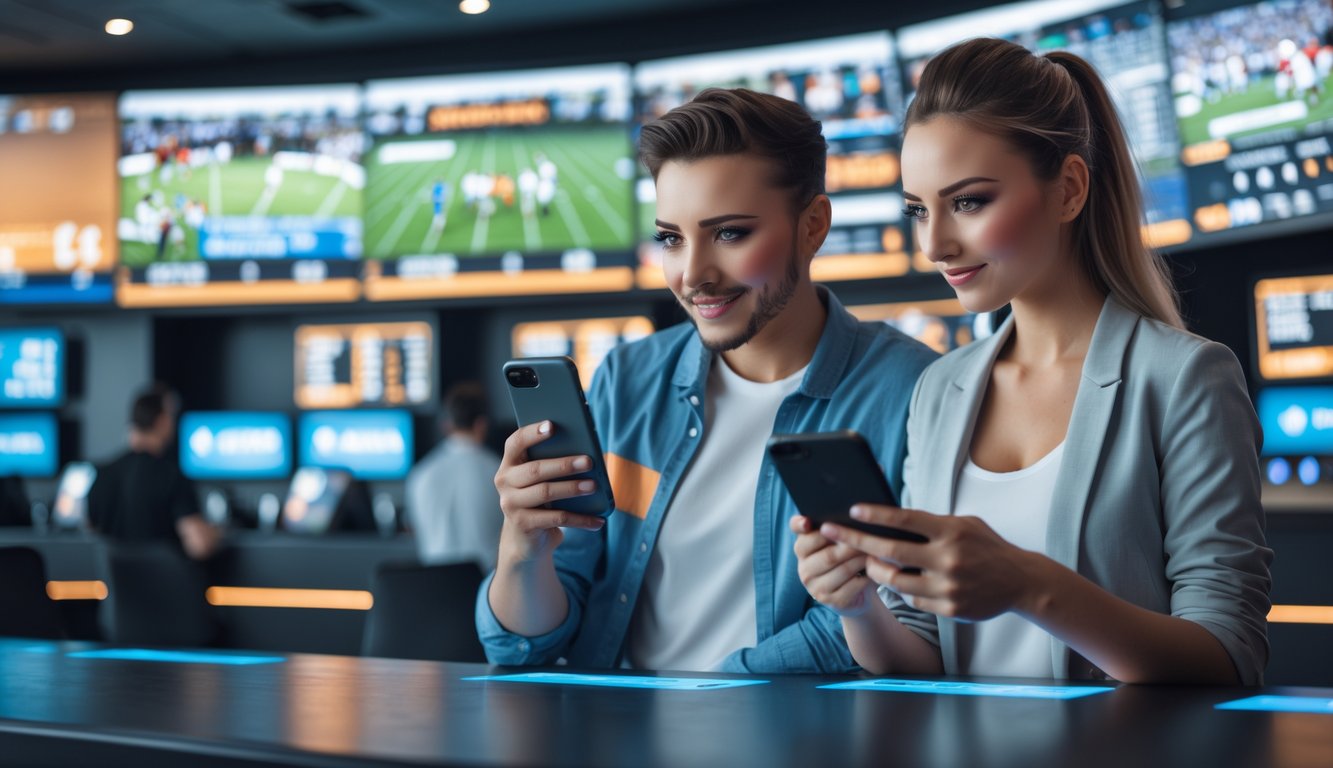 Dua orang muda menggunakan perangkat digital untuk taruhan olahraga dengan layar besar menampilkan berbagai pertandingan olahraga di latar belakang.