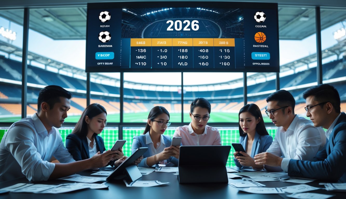 Sejumlah orang sedang melihat layar digital dengan data taruhan olahraga dan berbagai simbol olahraga di ruangan dengan pemandangan stadion olahraga di latar belakang.