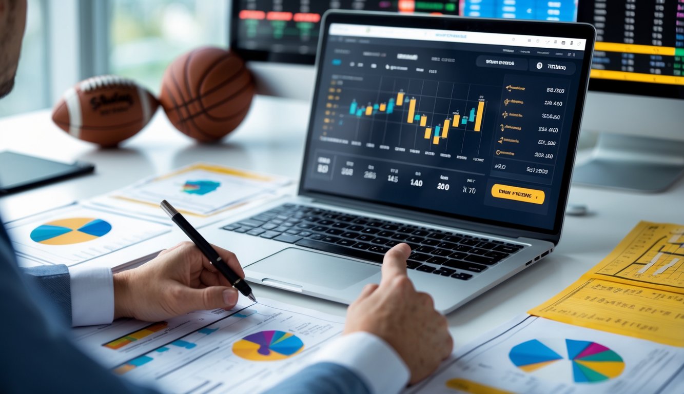 Meja kerja dengan laptop yang menampilkan peluang taruhan olahraga, catatan strategi, dan tangan seseorang yang sedang menganalisis data taruhan.